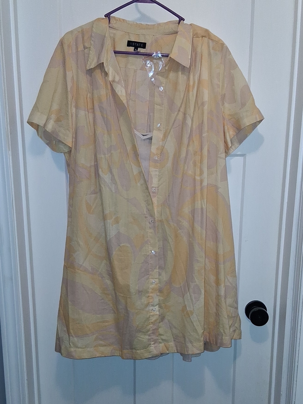 1. State Short-Sleeve Button-Front Dress in Pale Yellow Print Size XL NWT